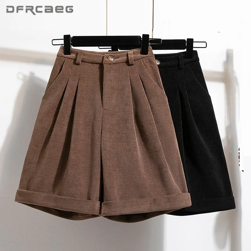 Coffee Loose Knee Length Corduroy Shorts For Woman High Waist Casual Autumn Winter Vintage Wide Leg Short Bermuda Pants Femme