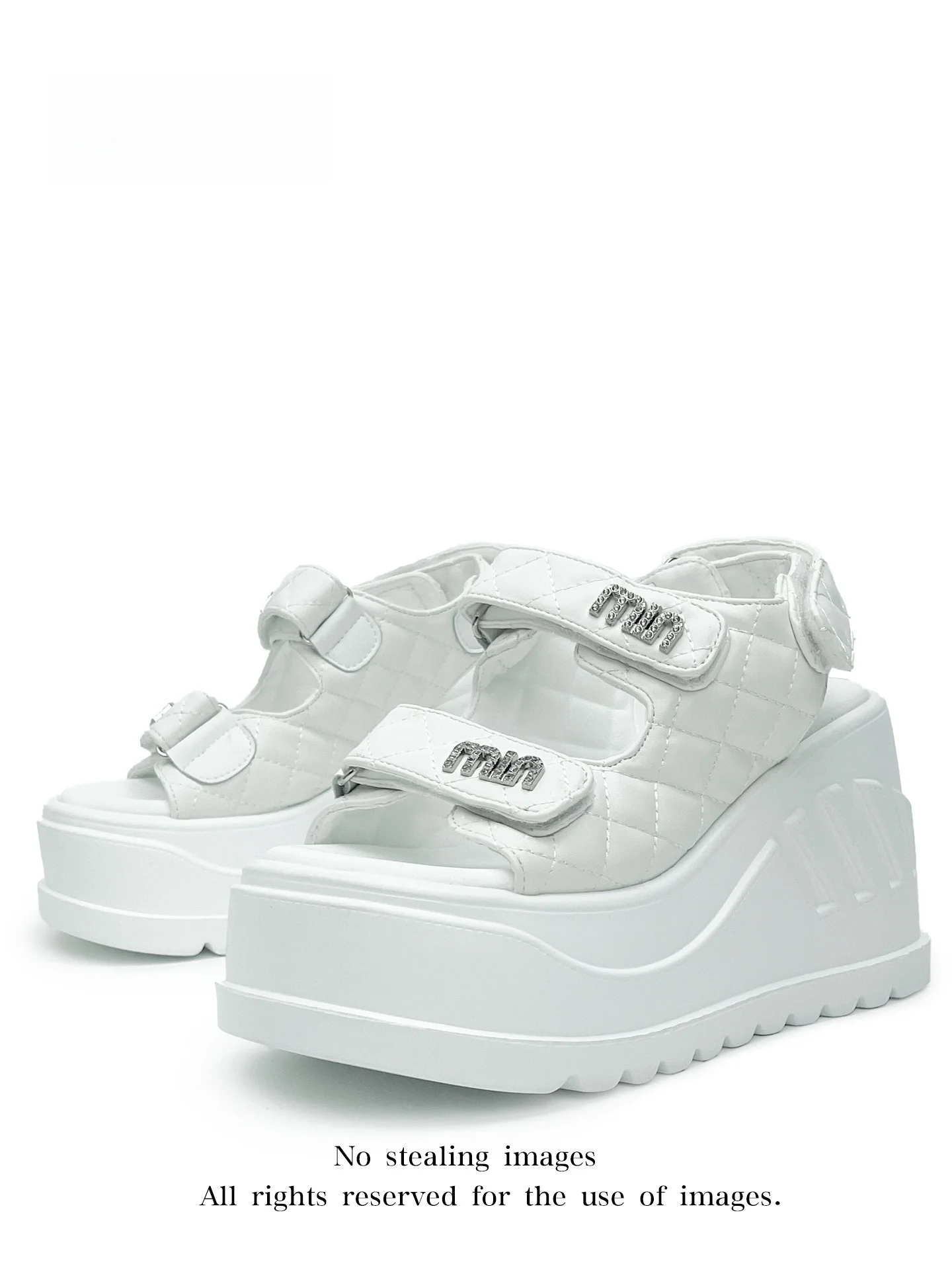 

MibVias Women's Magic Tape Thick Heel Sandals Heightening White Exposure Toe Casual Slip-On Shoes Low Cut European Style