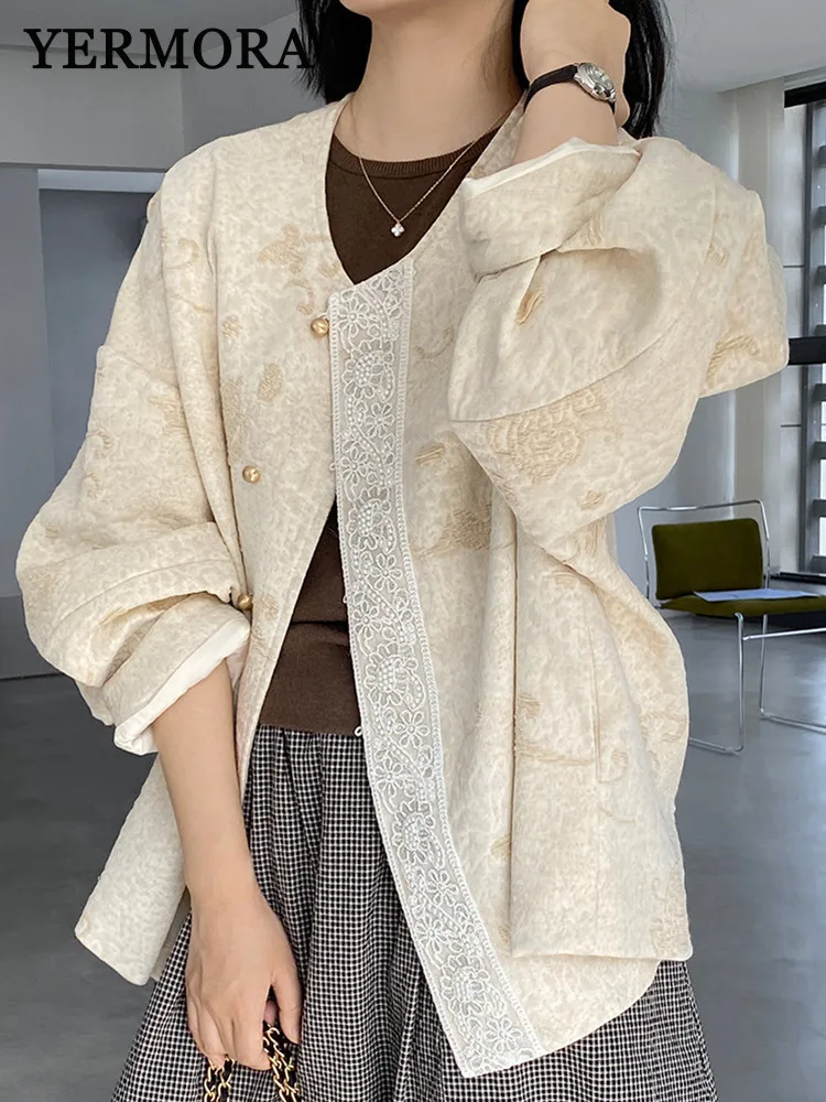 

YERMORA Beige Jacquard False Pearls Elegant Jacket For Women O-neck Long Sleeve Loose New Coat Fashion Tide Srping Autumn 2025