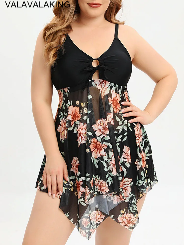 

2024 Print Mesh Patchwork 2 Piece Plus Size Tankini Women Strapped Large Swimsuit Chubby Curvy Swimwear Beach Lady Bathing Suit