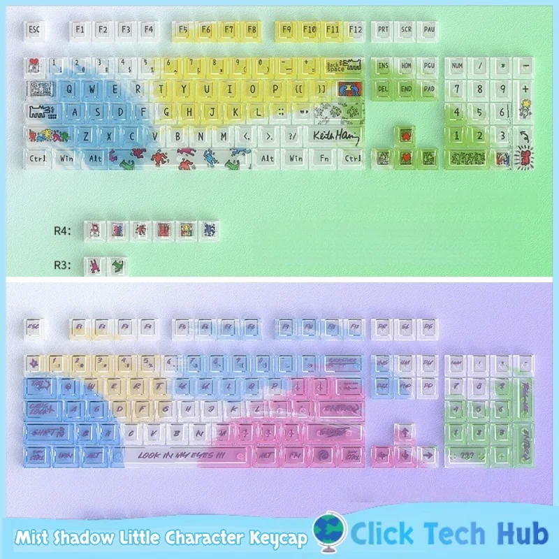 

Колпачок для клавиатуры с изображением тумана и маленького персонажа, Pbt, с боковой гравировкой, 128 клавиш, вишневый, прозрачный, для ПК, механическая клавиатура, колпачок для клавиатуры