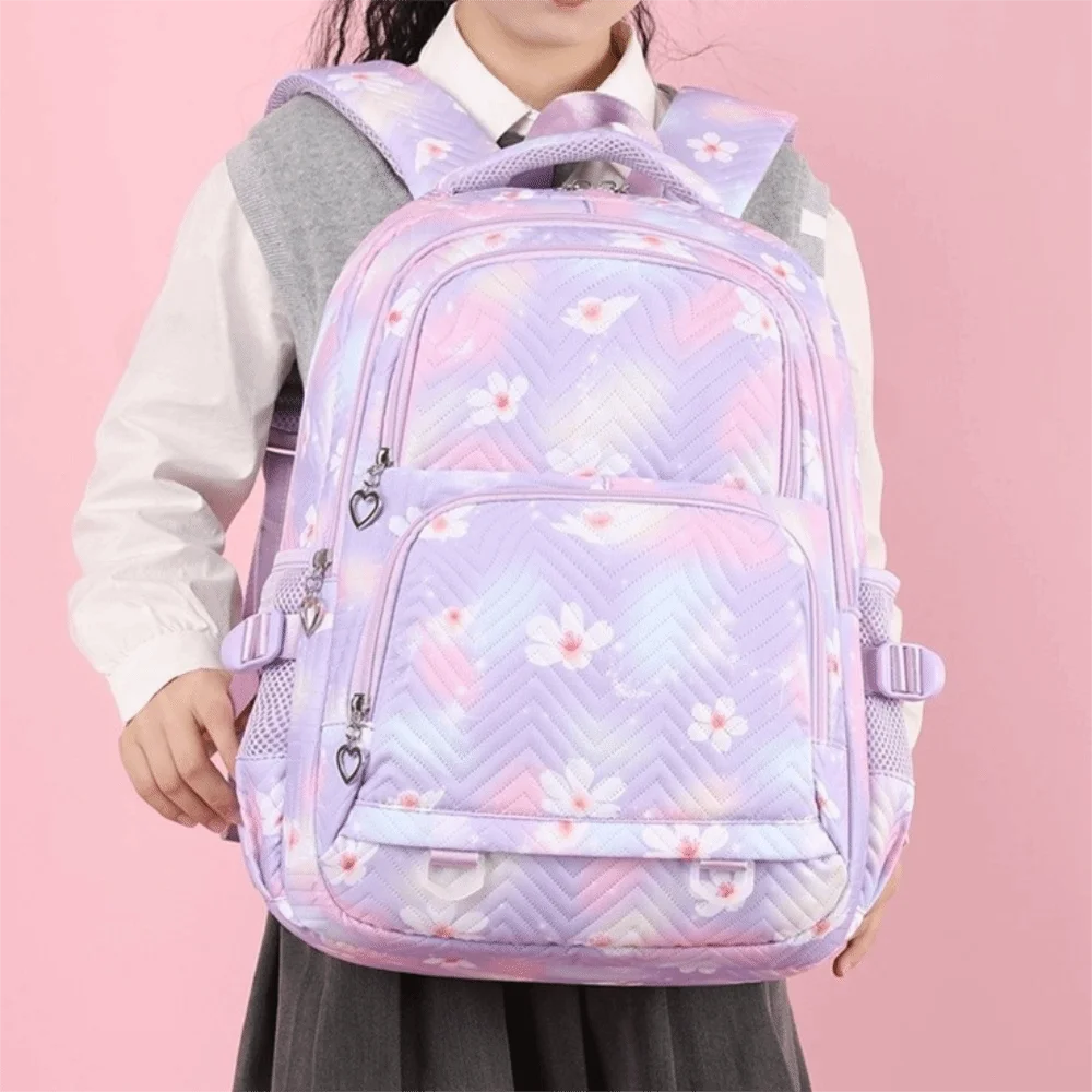 Flower Printed Children Backpack Multiple Pockets Nylon Shoulders Bag Korean Style Large Capacity Student School Bag Girls