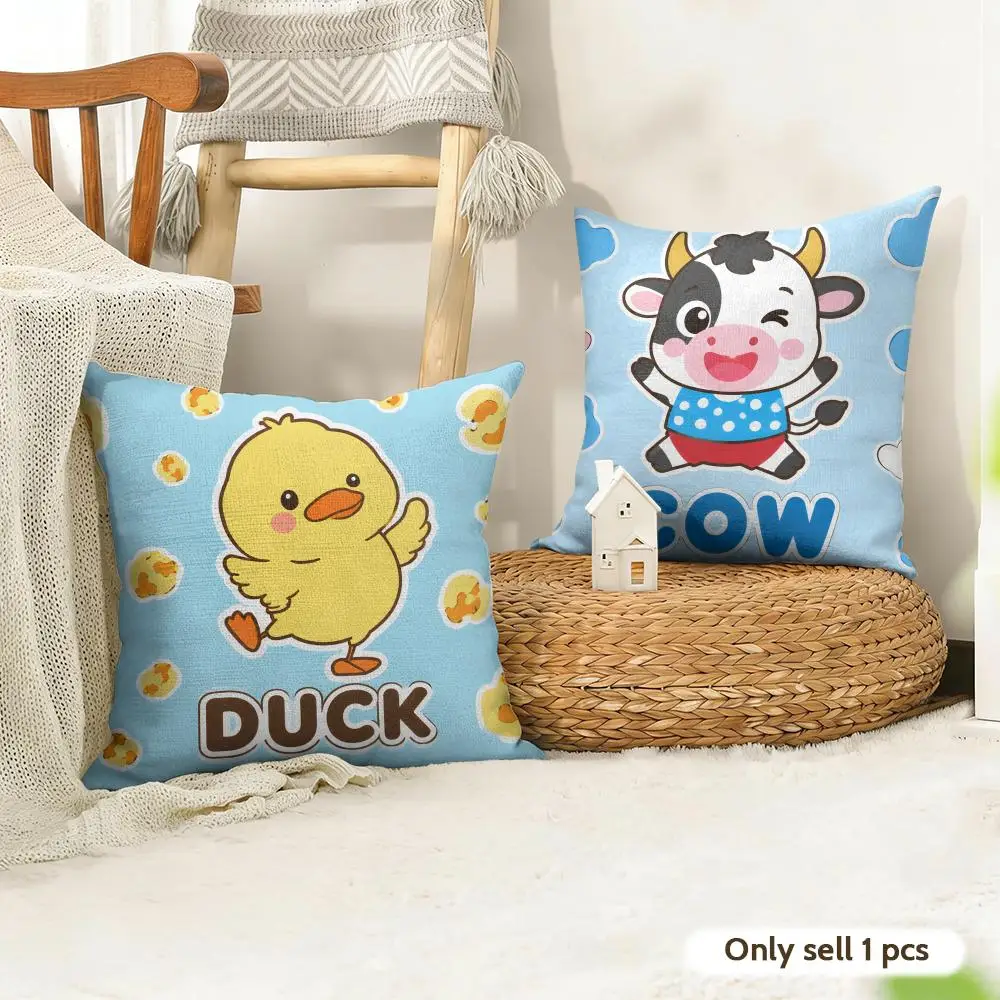 Cute Cartoon Ducks Lambs Cat Cushion Cover Natural Linen Organic Fabric Double-Sided Printing Room Sofa Decor Pillow Case