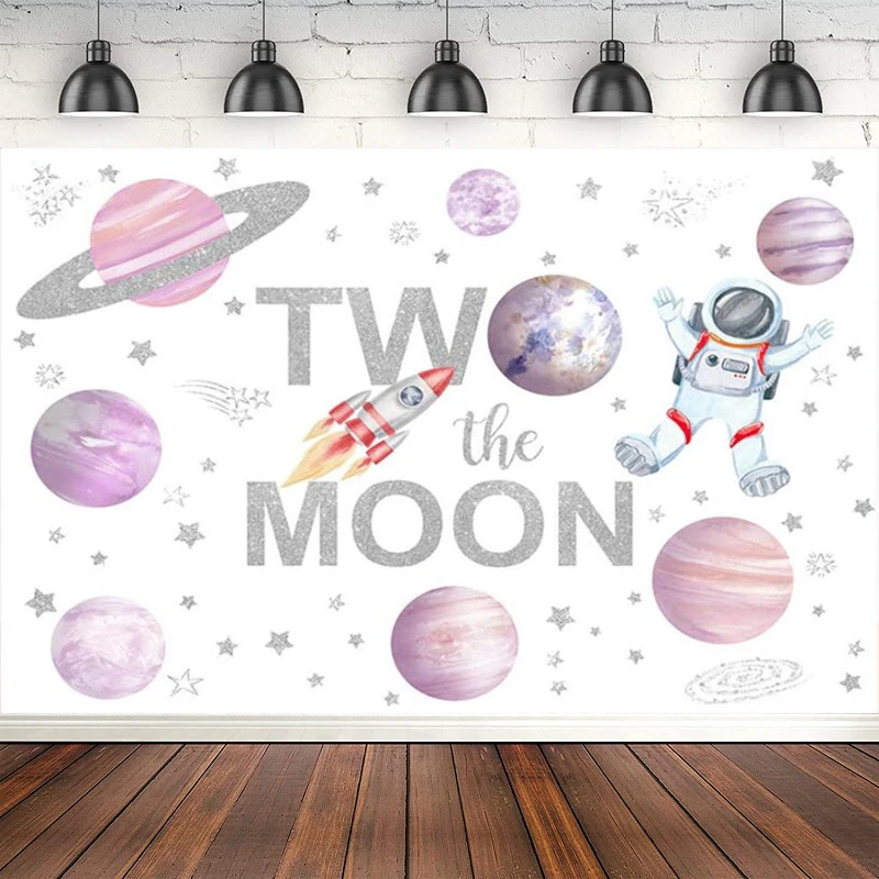 Mon the Moon Photography Backdrop Girl 2nd Birthday Party Banner Decor Outdoor Space Star Pink Astronaut Background Poster