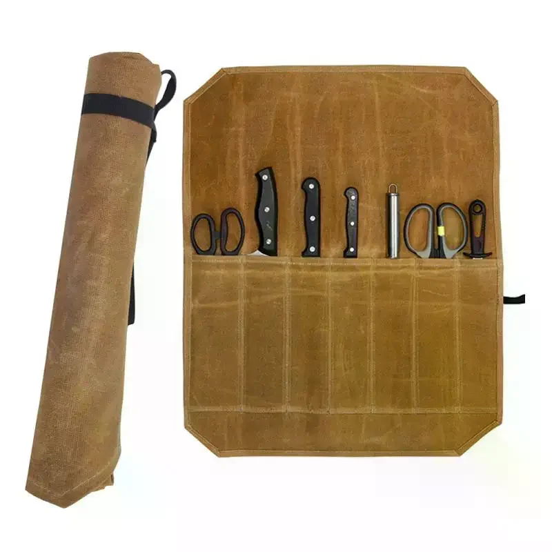 Waxed Canvas Chef Knife Roll With Multiple Storage Slots And Durable Construction Perfect For Home Kitchen Outdoore 1Pcs