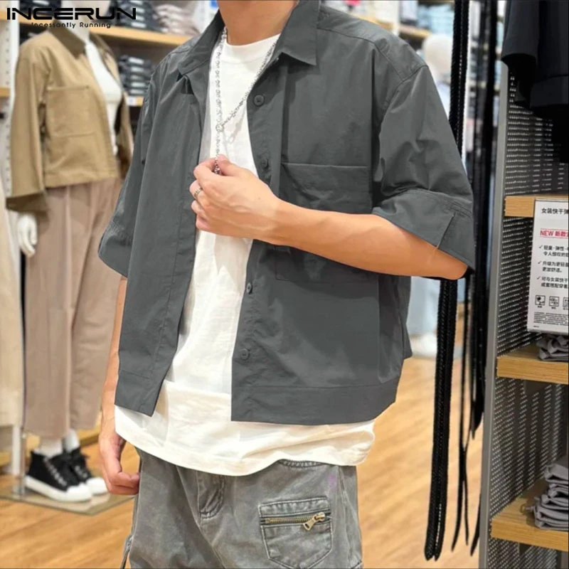 

INCERUN Мужская рубашка, однотонная, с лацканами, с короткими рукавами и карманами, повседневная мужская одежда, уличная мода, мужские топы в корейском стиле, S-5XL