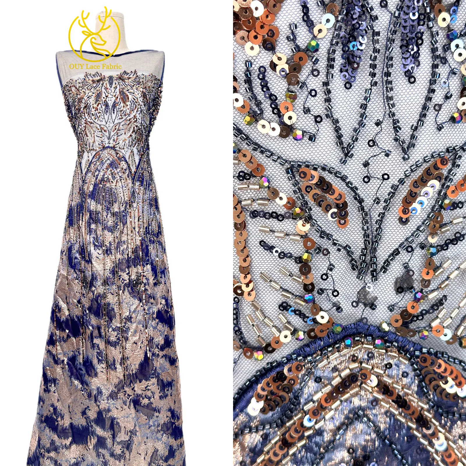 2026 Luxuriöser afrikanischer Chiffon-Spitzenstoff mit schweren Perlen, lila nigerianischer Pailletten-Spitzenstoff, geeignet für Damen-Partykleider – Detail 4
