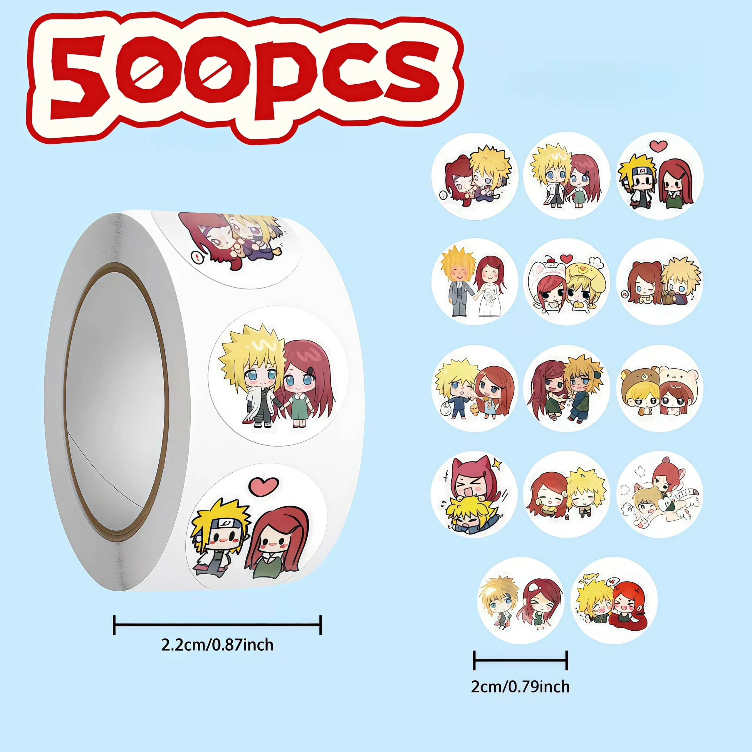 500Pcs Naruto Minato Kushina Round Sticker Roll, Chibi Anime Couple Character Labels for Package Sealing Journal Game Fan DIY