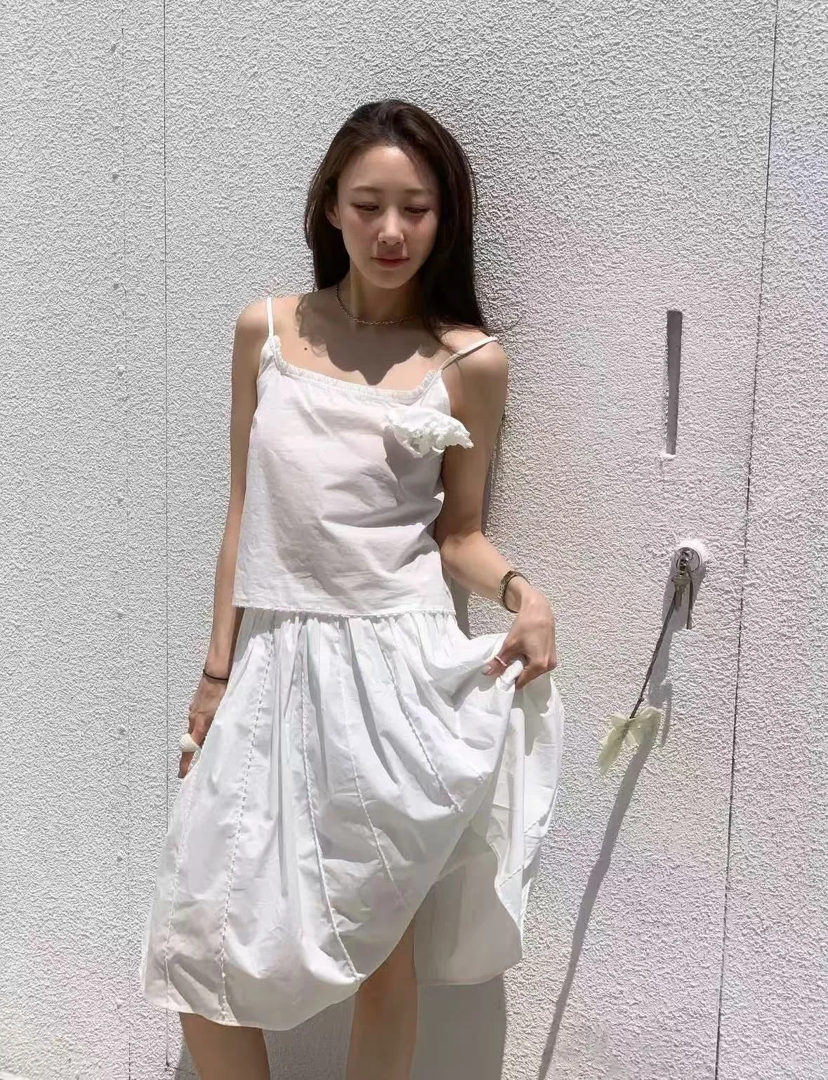  White Flower Brooch Halter Skirt Set Atelier A-Line Cotton High Waist Summer Women's Clothing Ensemble
