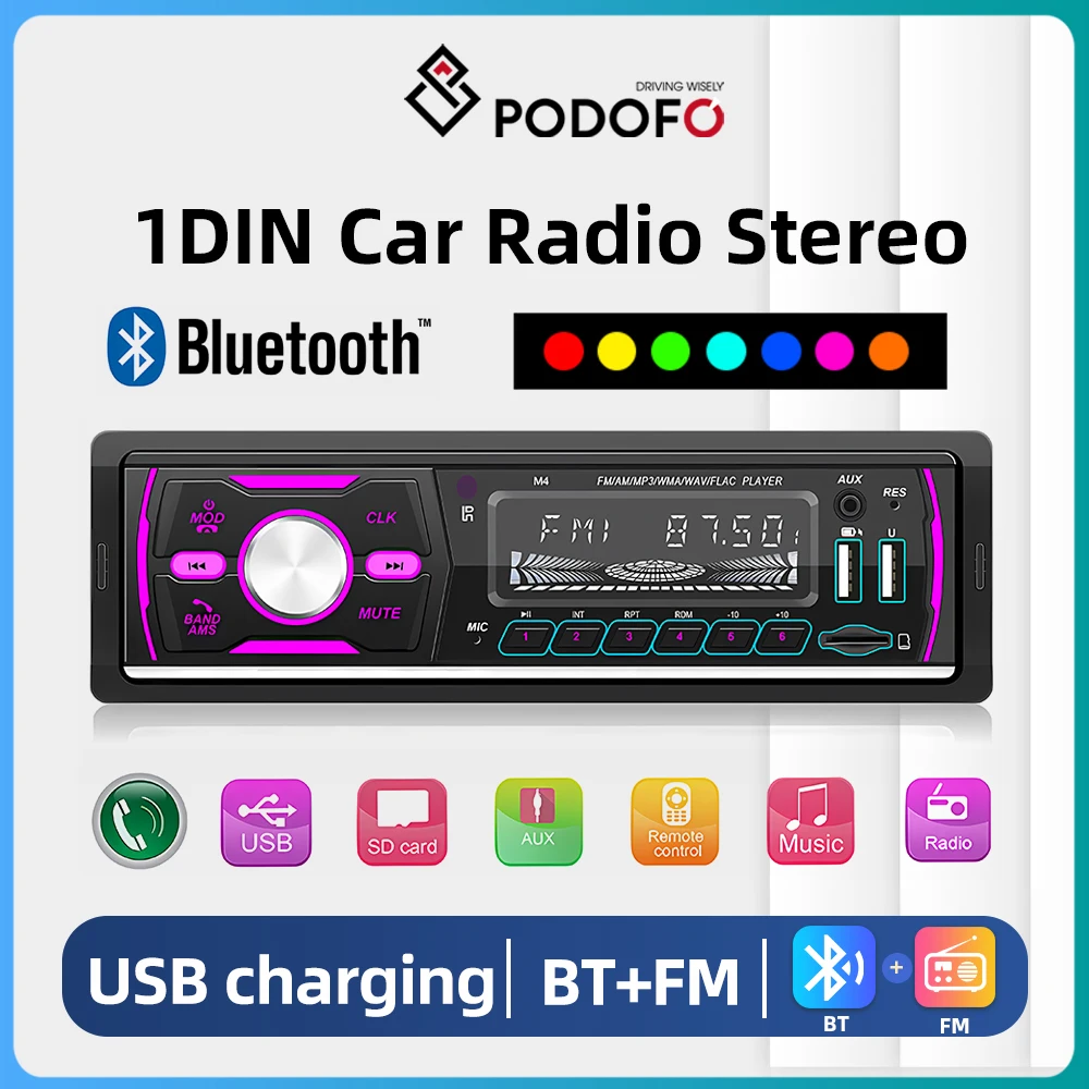 Podofo DAB+ 1DIN Car Radio RDS AM FM Bluetooth Handsfree USB SD AUX 7Colors MP3 Player 12V Car Radio