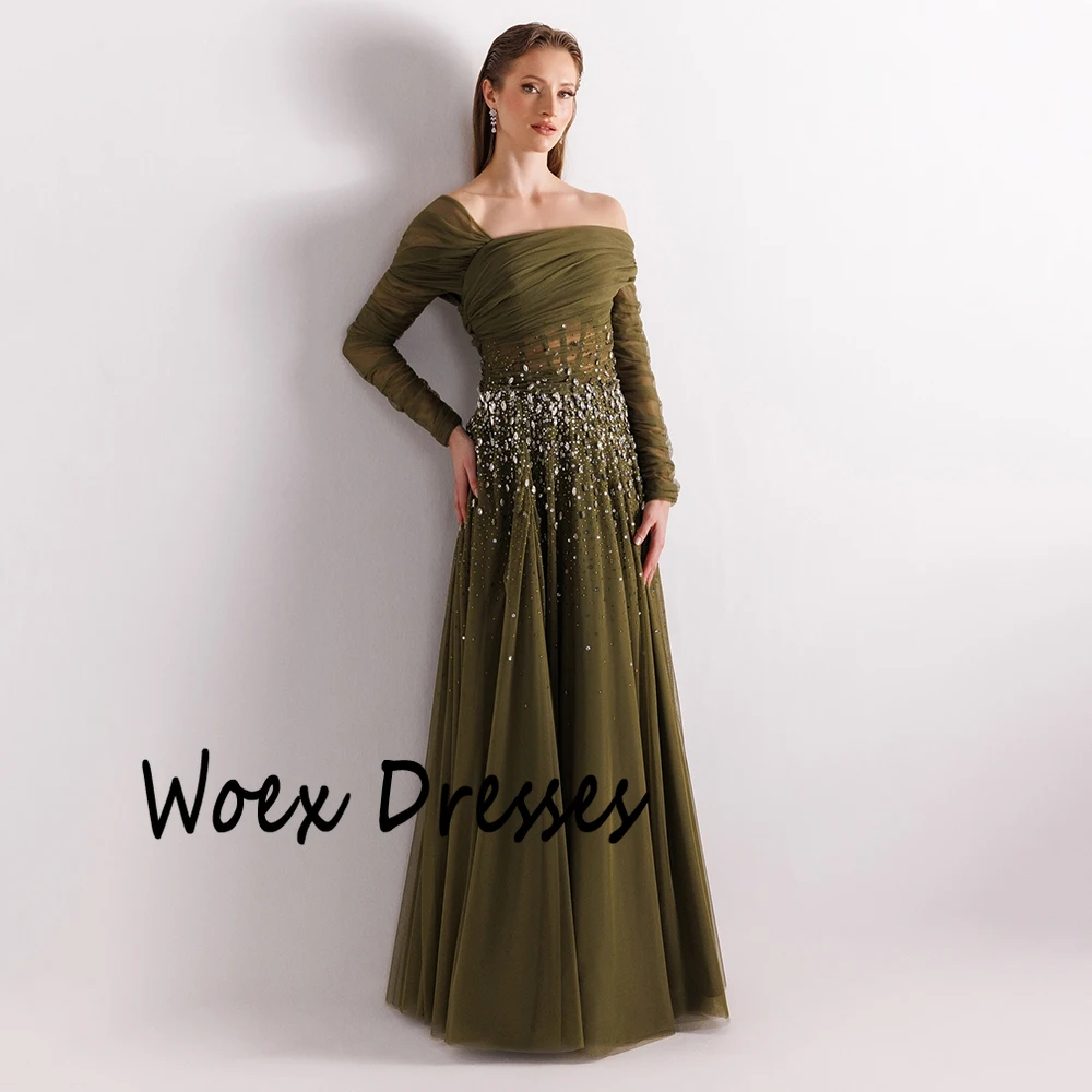 Customized Simple Black Boat Neck Tulle Evening Dress Full Sleeves With Crystal Party Dress A-line Floor Length Prom Gown image 5