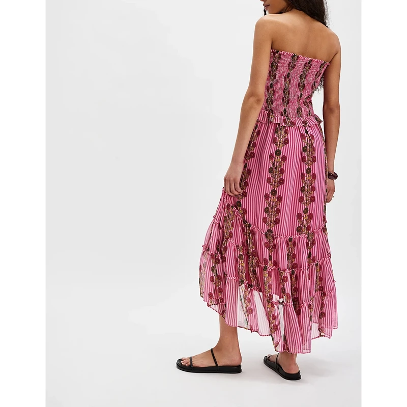 Combhasaki ผู้หญิงดอกไม้พิมพ์ Smocked Corset Tie-up สแควร์คอสปาเก็ตตี้สายรัด Backless Tiered Ruffled A-Line Midi Cami ชุด