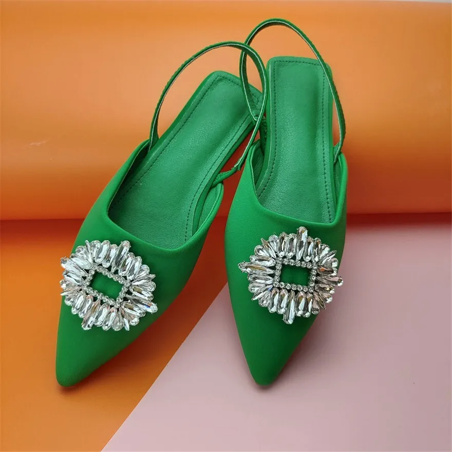 

New Summer Pointed Toe Women Slingback Sandals Sunflower Rhinestone Shallow Flat Shoes Lady Slip-on Elegant Dress Party Slippers