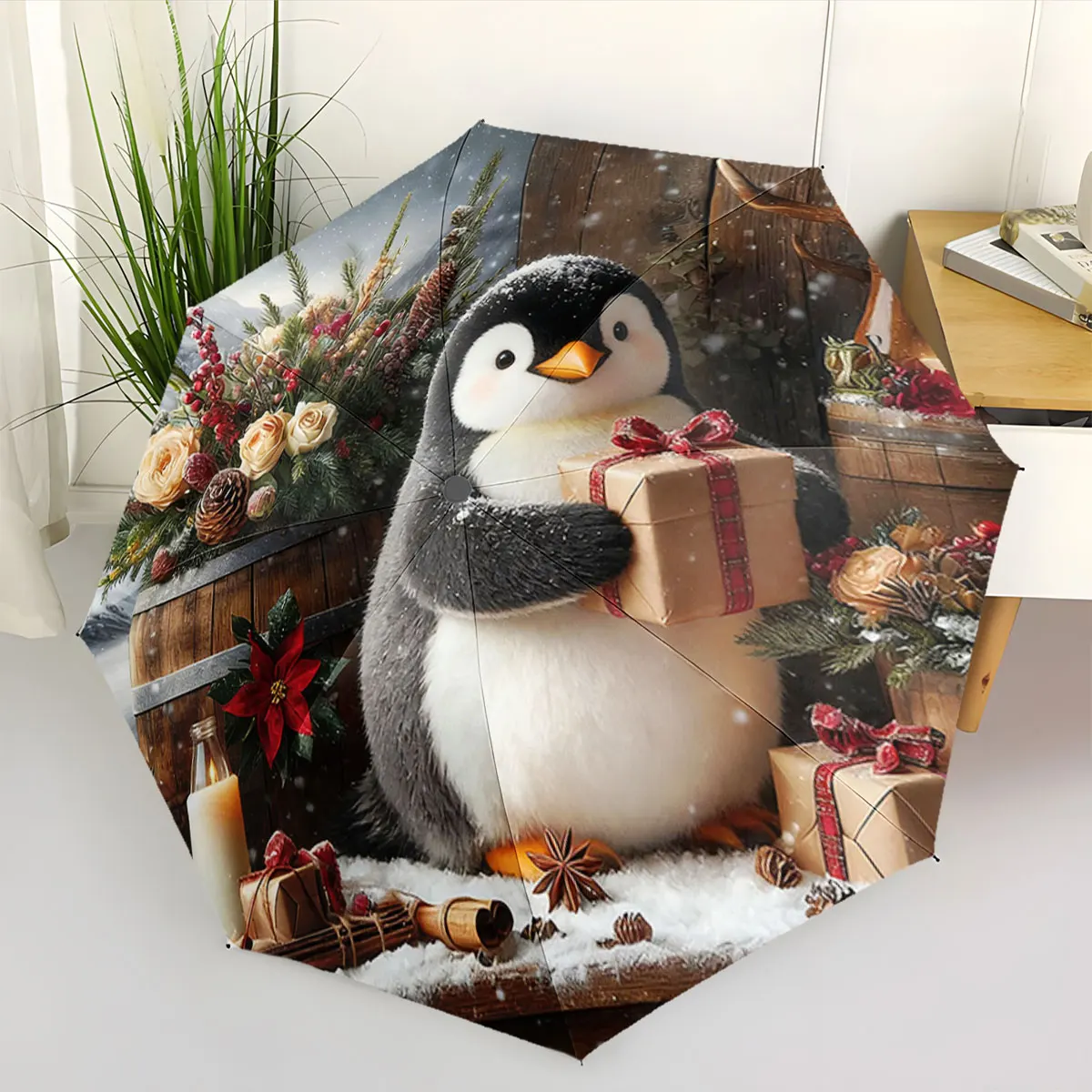 1PC Penguin's Festive Gift Adventures Print 8 Iron Ribs Folding Umbrella Auto-Open Fashion Sunshade