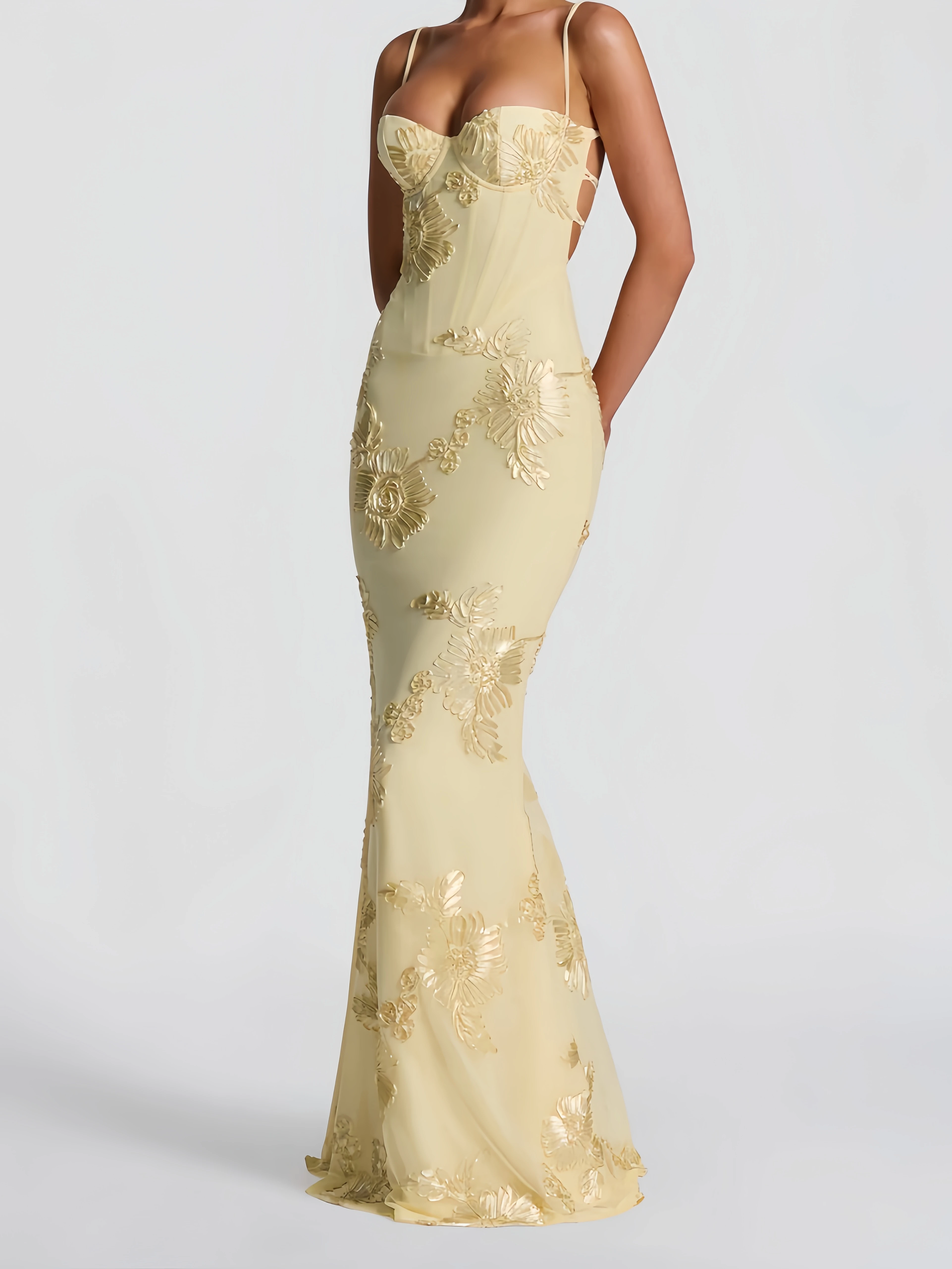 2026 Luxury Floral Decor Evening Dress Spaghetti Strap Backless Solid Slim Maxi Gown Elegant Banquet Prom Party Long Dress
