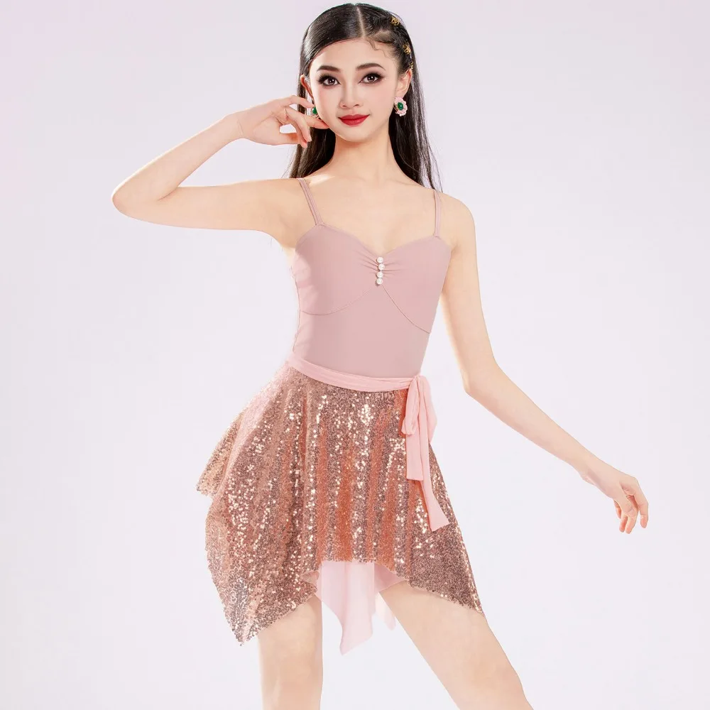 

Женское платье для латиноамериканских танцев с пайетками, асимметричная юбка, боди на бретелях, костюм для бальных танцев, сальсы, сценических выступлений