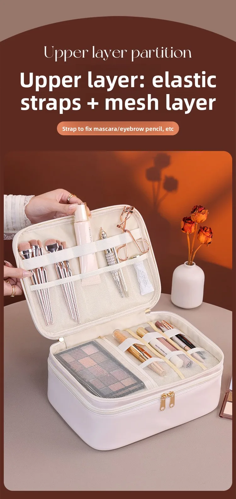 Doppelschichtige Handtasche aus PU-Leder für Make-up, Große Kapazität Reise-Kosmetikorganizer, Toilettentasche für Schönheitsprodukte, Damen – Detail 5