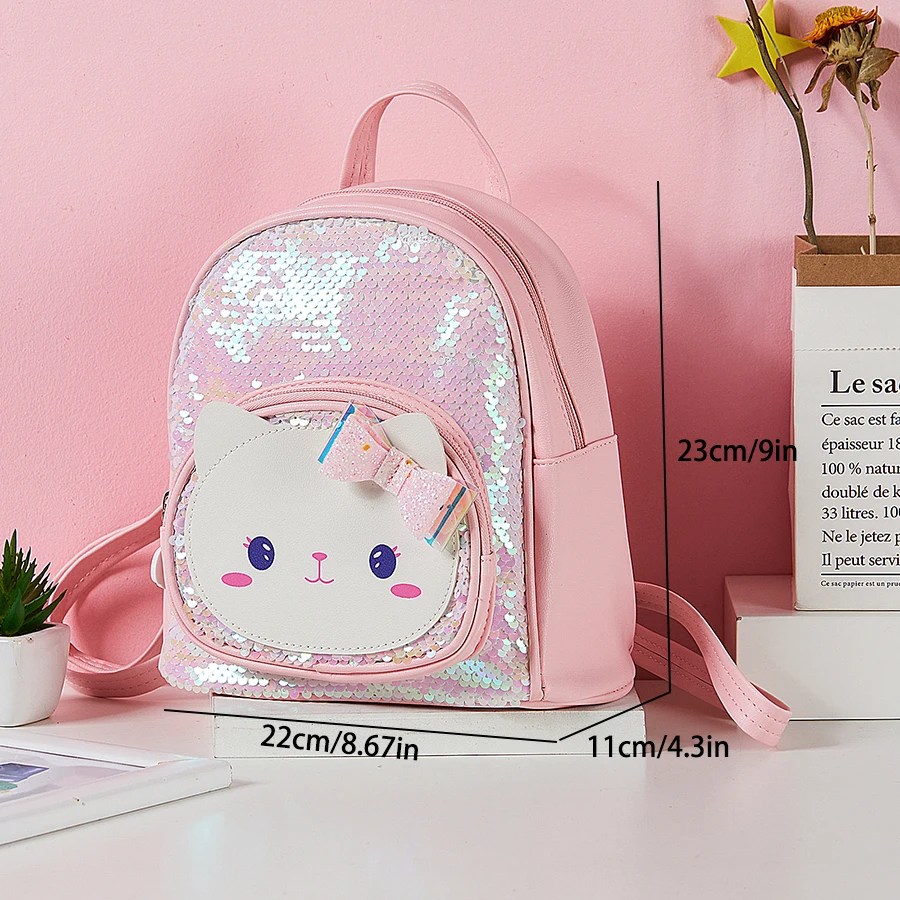 Girls cute backpack with zipper closure cartoon cat sequin backpack suitable for girls to go out and use as a birthday gift