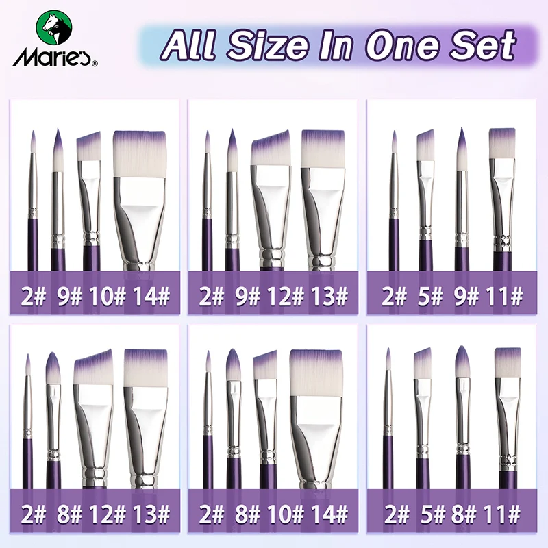 4pcs Marie's Painting Brush Kit,Brush for Acrylic,Includes Detail,Stamp,Angle & Flat,Watercolor,Gouache,Tempera,Oil,for Adult
