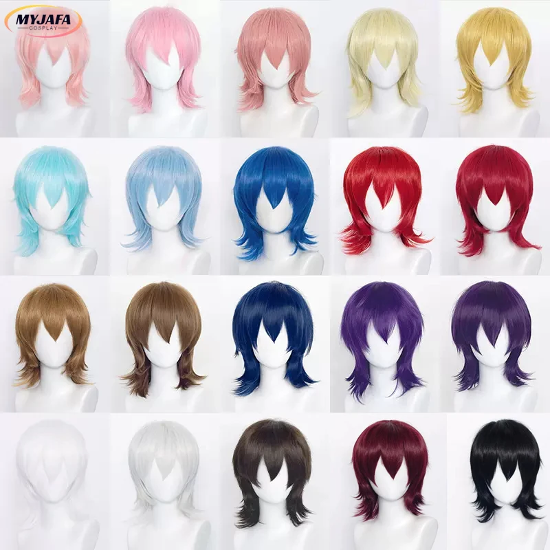 

37cm Short Cosplay Wig Universal Anime Multi-color Basic Curly Mullet Synthetic Hair Halloween Party Wigs + Wig Cap