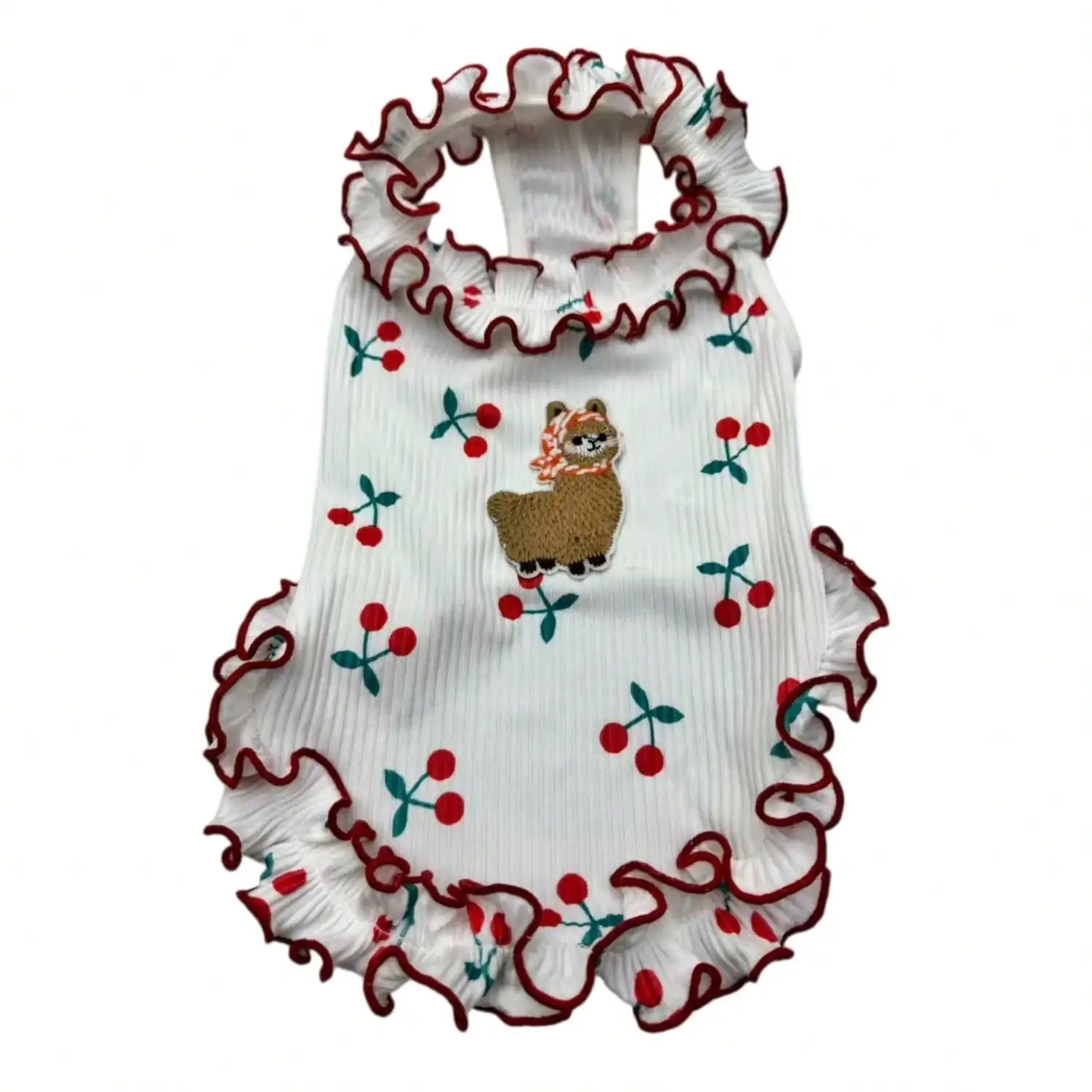 1 Stück Alpaka-Stickerei, Kirschmuster, Rüschen, ärmelloses Tanktop für kleine Hunde, ideal für den Sommer. – Detail 10