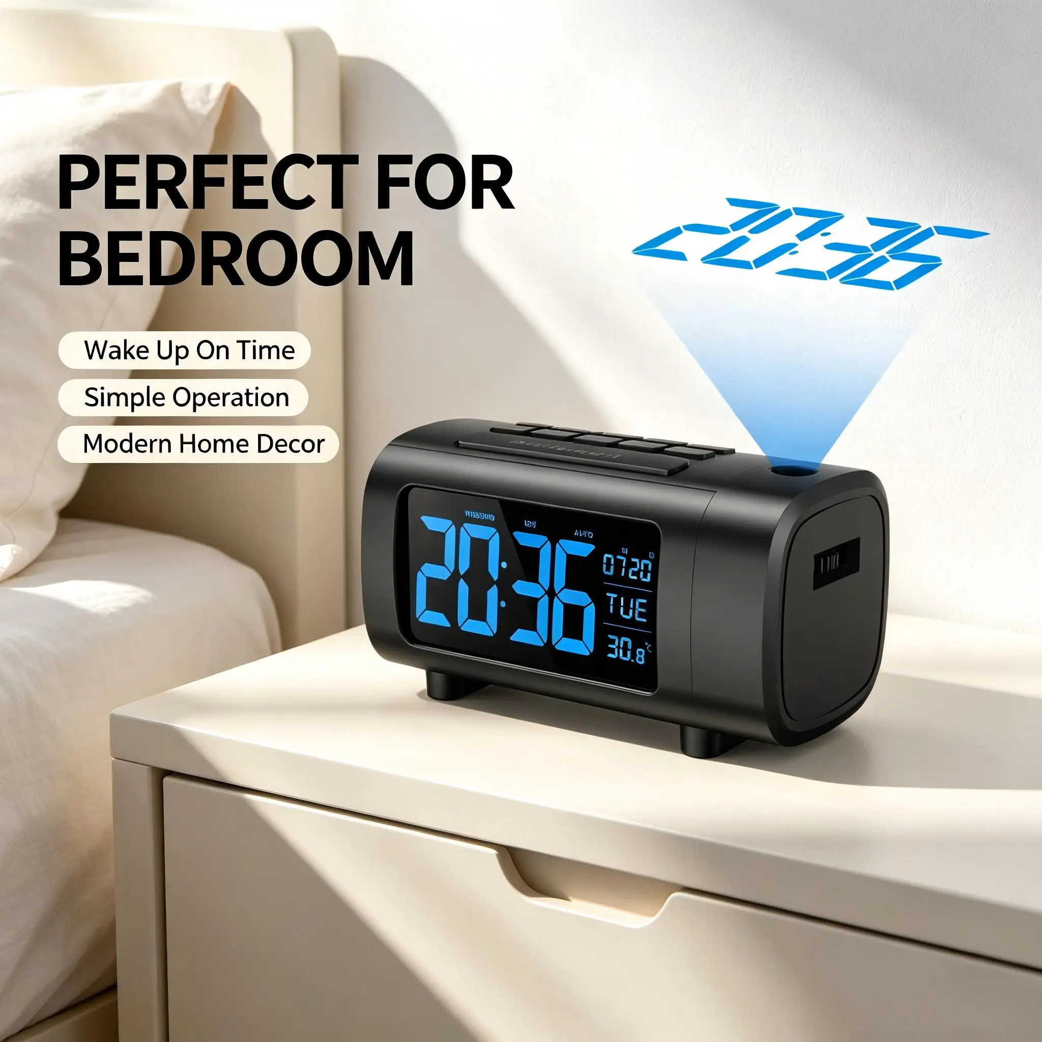 USB Charging Projection Clock Bedroom Bedside Ceiling Projection Clock with Radio and Backlight Home Desktop Clock
