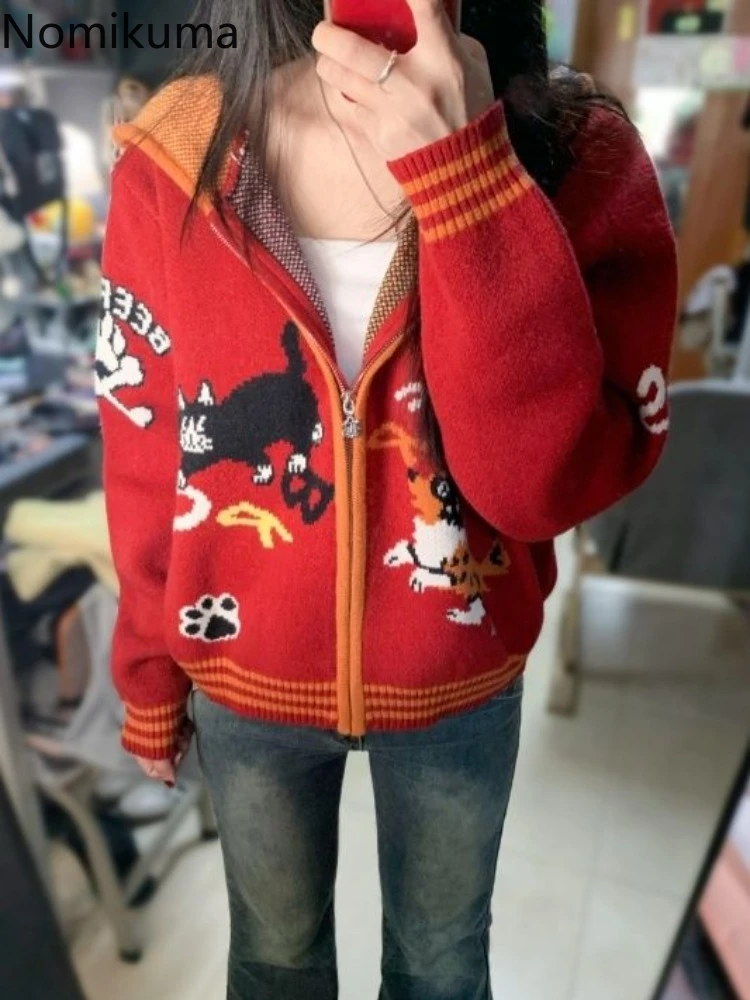 

Cartoon Dot Cardigan Women's Clothing Pull Femme Hooded Casual Knit Thicked Sweater Jackers Sueter Mujer Autumn Winter Clothing