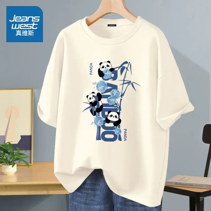 T-shirt estampada do panda dos desenhos animados das mulheres, algodão puro, o-pescoço, manga curta, pulôveres soltos, tops casuais, verão, chique, básico, S-5XL