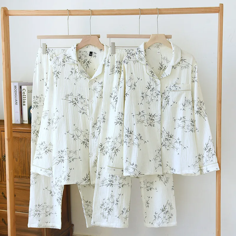 2023 New Spring and Autumn Couple Pajama Set 100% Cotton Crepe Fresh Long sleeved Pants for Men and Women Large Homewear Set