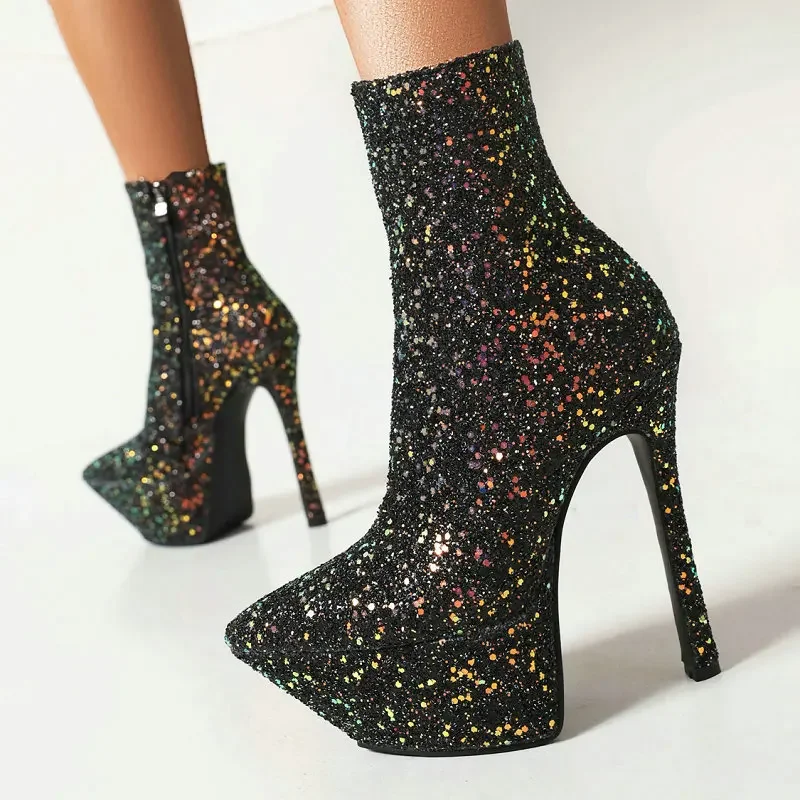 

Sequins Cloth Glitter Bling Bling Party Wedding Bride Shoes Pointed Toe Super Thin High Heels Ankle Stiletto Women Sexy Boots