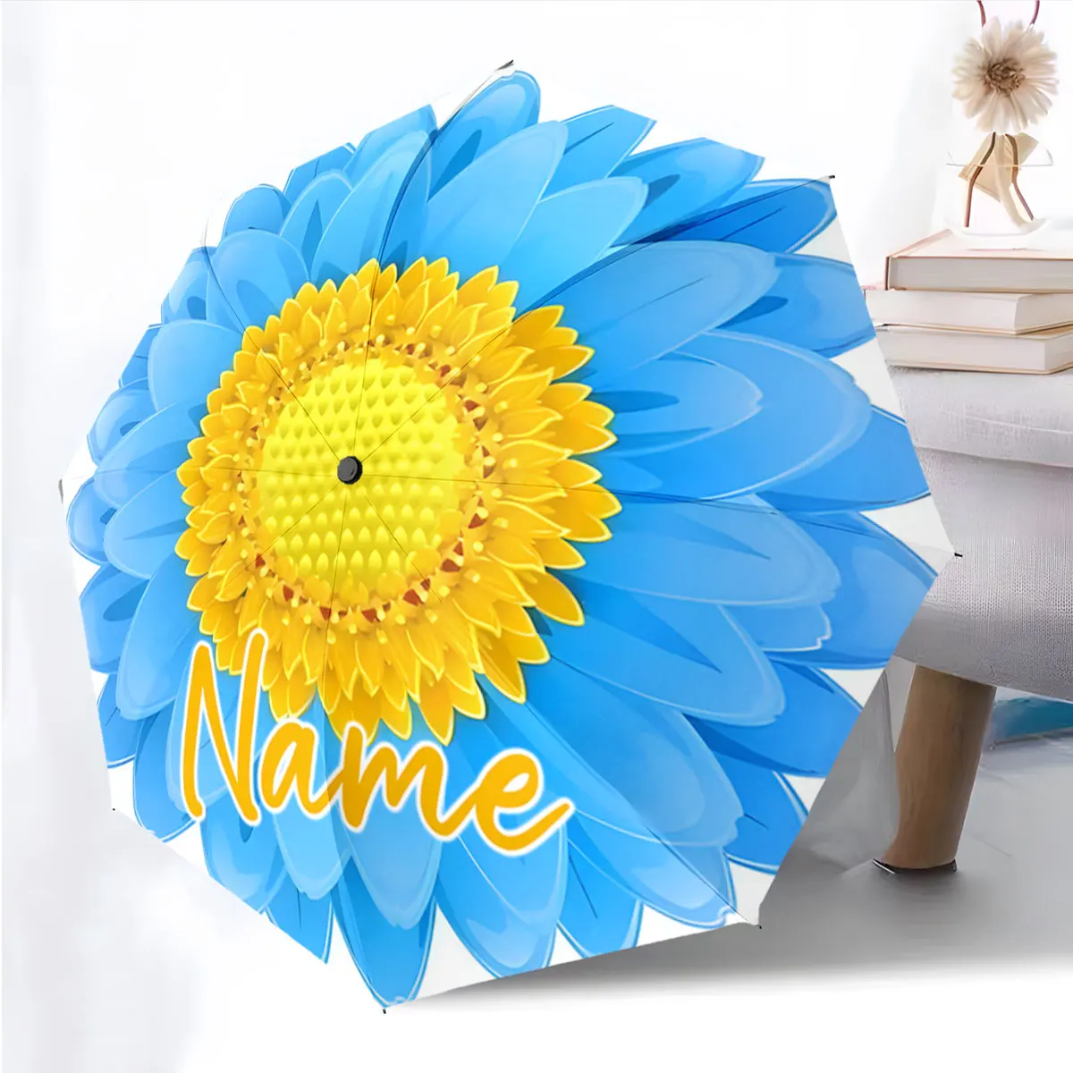 Custom Name Colorful Floral Umbrella with Bright Blue and Yellow Print 8 Iron Ribs Folding Umbrella Auto-Open Fashion Sunshade