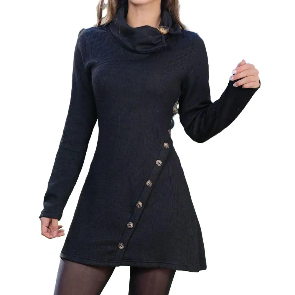 Women Autumn Winter Dress Stylish Women's Autumn Winter Mini Dress with Piled Collar Long Sleeve Hip Wrapped Buttons for Casual