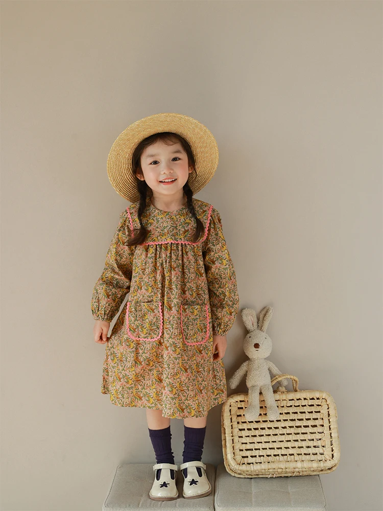 2024 Vintage Flower Printed Girl Dress Peacock Animal Printing Girls Dresses Cotton Comfortable Children Clothing Top Shorts Set