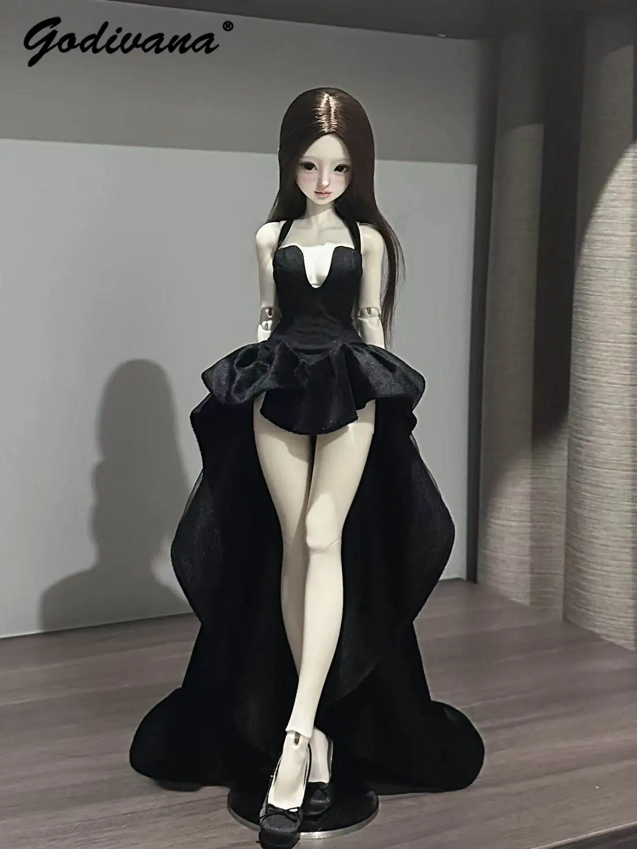 1/4 BJD Doll Clothes Elegant Black Sweetheart Neck High‑low Train Dress Luxury Strapless Cocktail Evening Gown 1/4 Doll Outfit