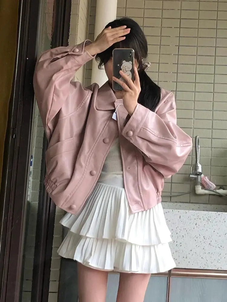 

Leather Jackets Coat Women Racing Patches Front Pocket Embroidery College Casual Style Button Basic Pure Simple Ladies Fashion