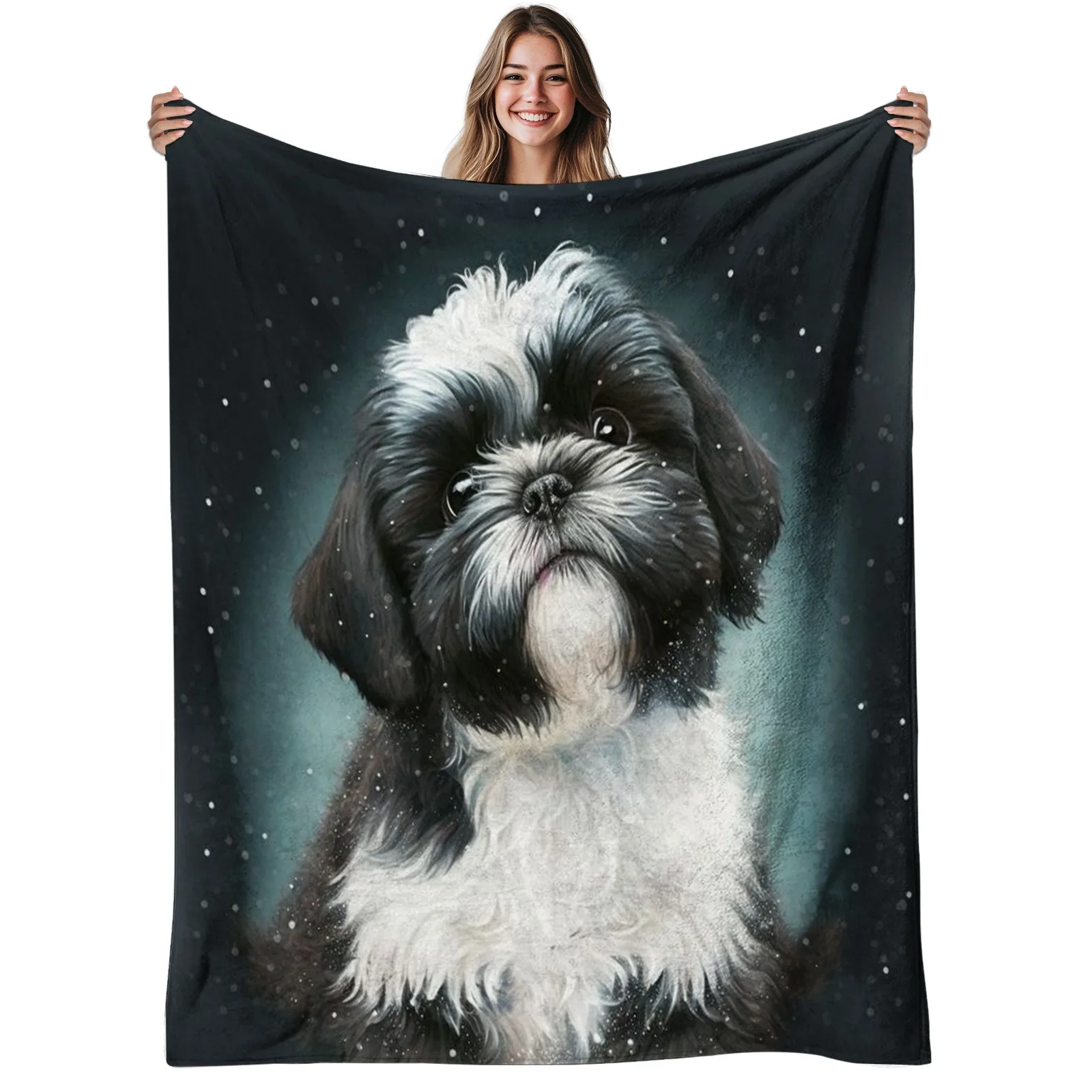 Realistic Shih Tzu Dog Flannel Blanket Snowy Background Puppy Lightweight Throw Blanket Warm Blanket Indoor Camping Use