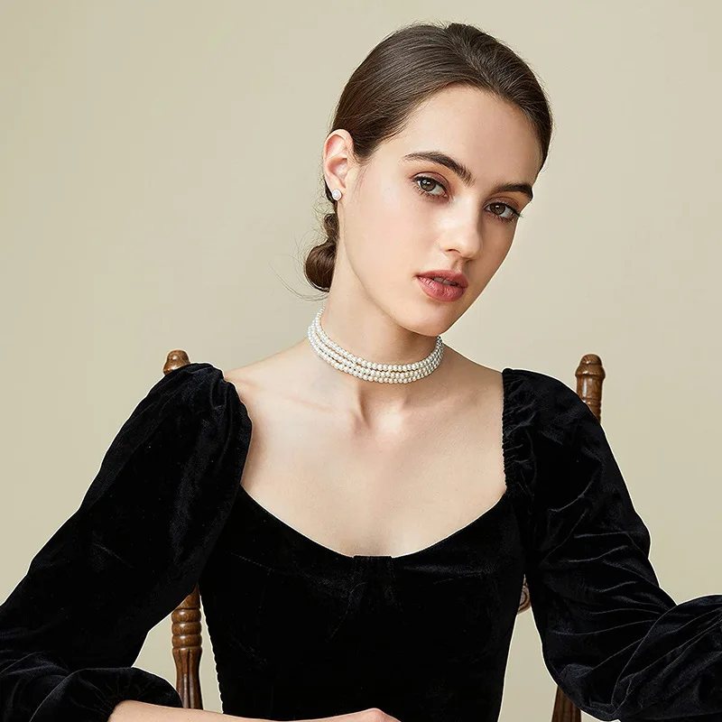 Mode Multilayer Elegante Weiße Perle Kragen Choker Halskette Für Frauen Perlen Handgemachte Hochzeit Banguet Halskette Vintage-Schmuck – Detail 4