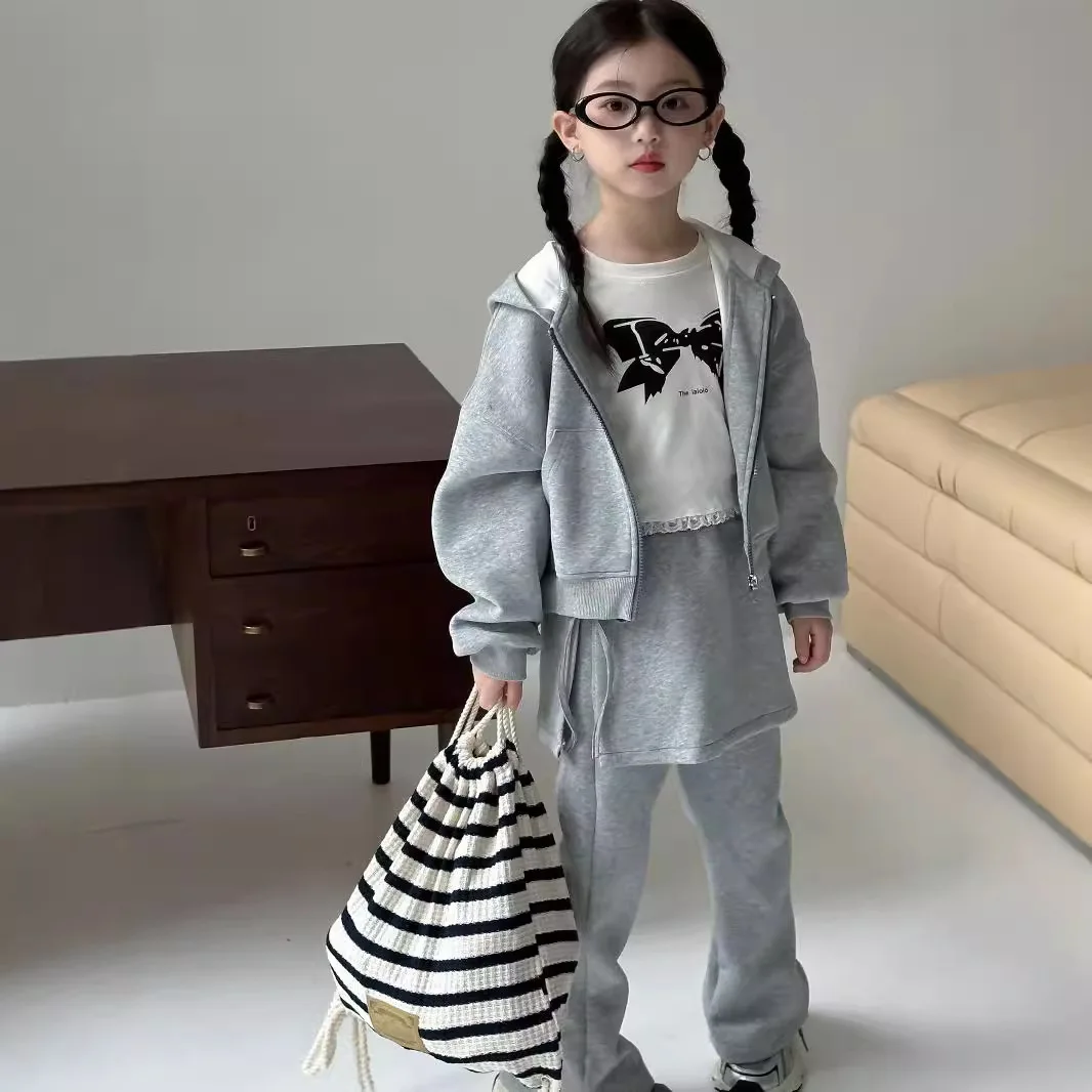 Childrens Sets Autumn Girl Hooded Sweater Korean Motion Two Pieces Simple 2024 Open Stitch Fashion Sweet Lovely Loose