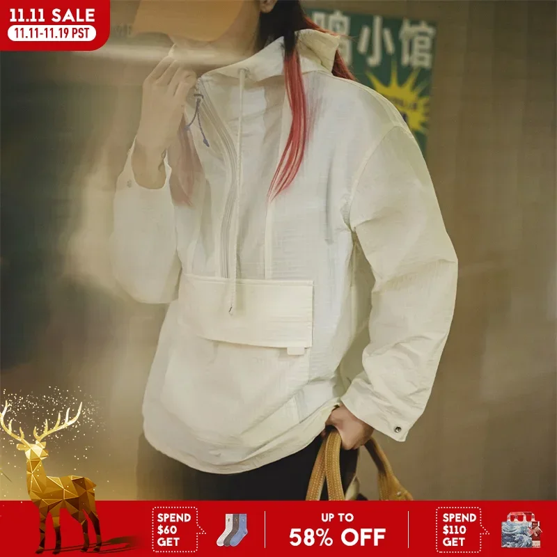 

Maden Outdoor Белая толстовка с длинными рукавами и половиной молнии, женский весенне-осенний вафельный пуловер с капюшоном, свободная повседневная спортивная толстовка