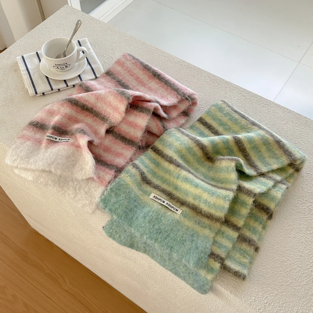 Wool Containing high-end Striped Scarf Men Women Fashion Versatile Autumn Winter Student Couple Warm Dopamine Knit Scarf 4w978