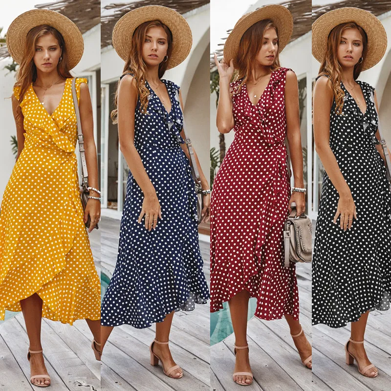 

Female Vintage Sexy Deep V-neck Dress Women Summer Polka Dot Dresses Elegant Boho Sleeveless Casual Beach Midi Long Sundress