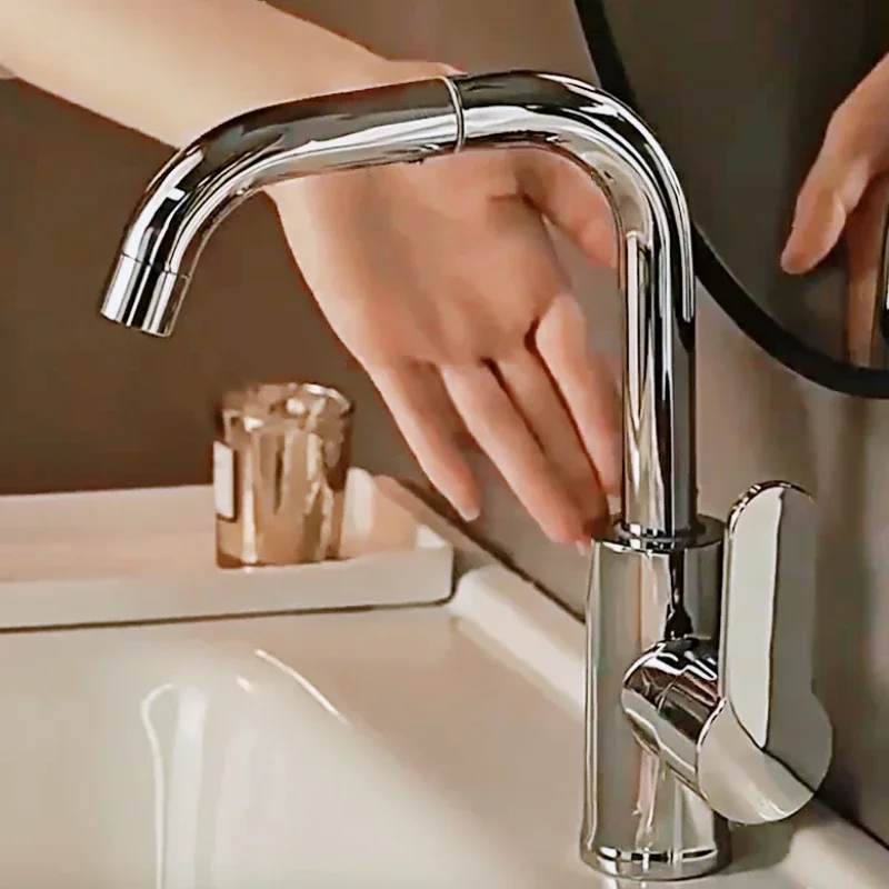 Bathroom faucet, washbasin, hot and cold water can rotate stainless steel silver and gray faucets