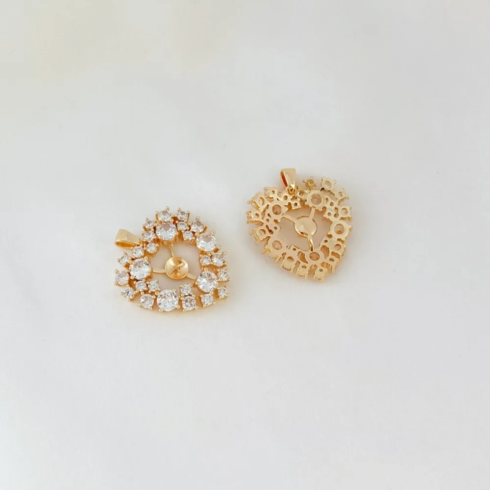 14K Gold-encrusted Zircon Lace Heart-shaped Flower Bud Pendant and Pearl Empty Stand Necklace Pendant Diy Accessory