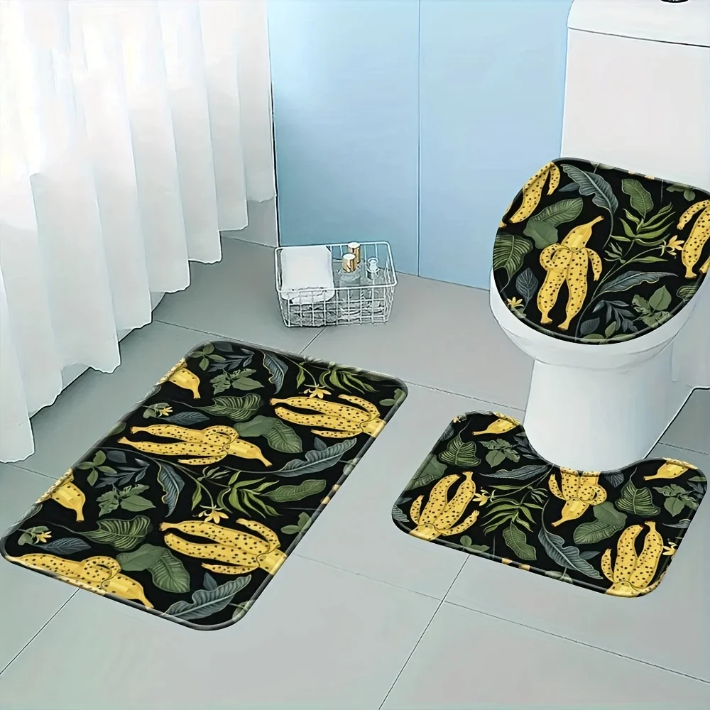 Tropical Banana Print Bath Mat Set | Jungle Leaf Bathroom Rug Decor Accessories | Waterproof Home Bath Mat