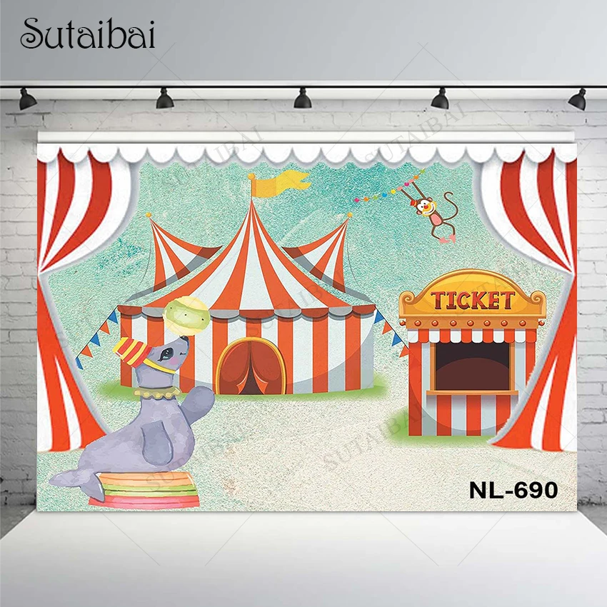 Cartoon Acrobatics Show Background Carnival Tent Windows Ticket Wild Animals Newborn Cake Smash Celebrate Party Supplies Banner