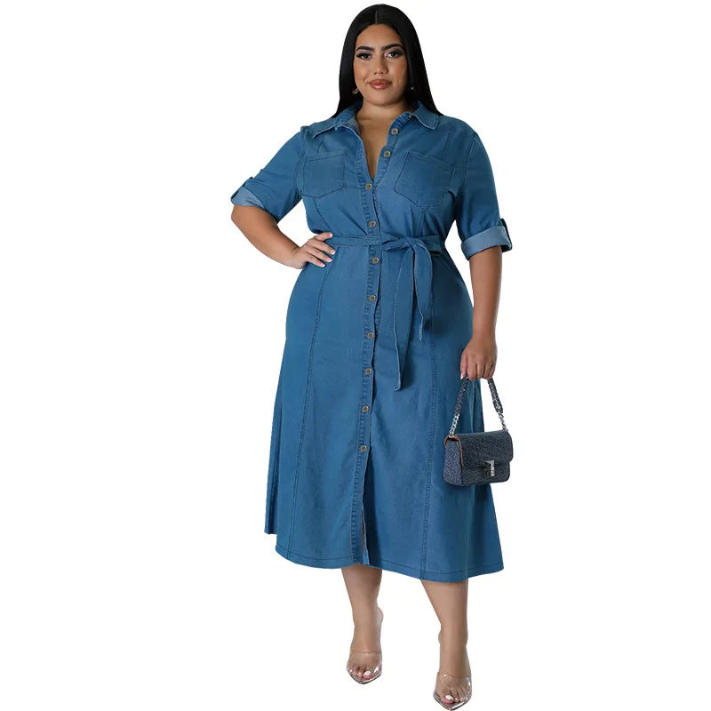 Plus Size Women Denim Dress Lapel Neck Long Sleeve Single-breasted Belt Fashion Casual Shirt Dresses 2024 Autumn New Arrivals