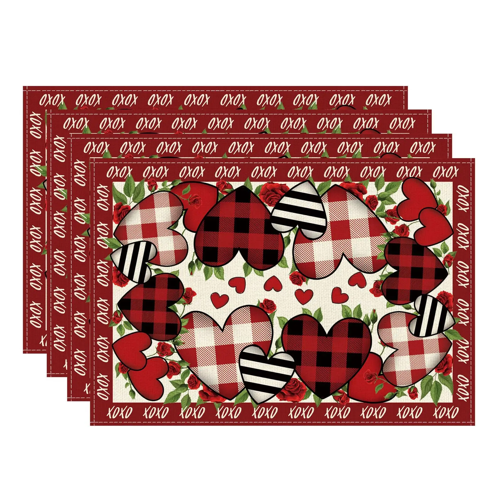 Buffalo Plaid Love Hearts Roses Flowers Valentine's Day Placemats Table Mat for Party Home Kitchen Dining Table Decor 12x18 Inc