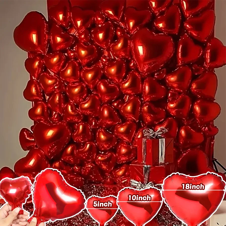 50/100 Uds. Globos de papel de aluminio de 5/10/18 pulgadas con forma de corazón rojo, decoración de escena de ambiente romántico para el Día de San Valentín, fondo de aniversario de cumpleaños