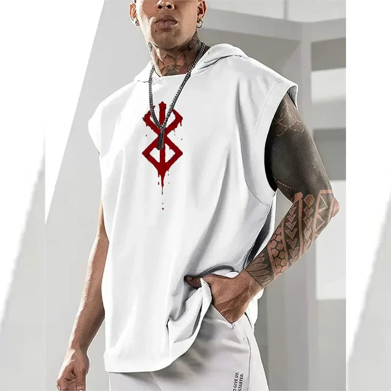 Anime Print Men\'s Sleeveless Hooded Vest Summer Fashion Trend Casual Solid Color Vest Simple Handsome Sports Fitness Top