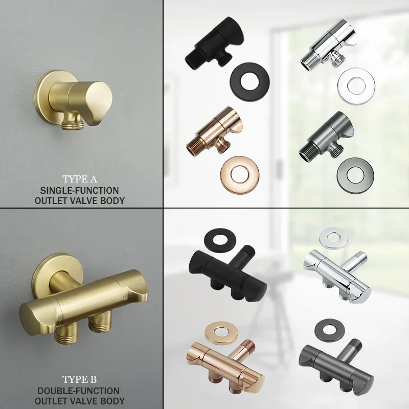 

Chrome Plated/Black/Gold/Rose Gold/Brushed Gold Solid Brass G1/2 Bathroom Angle Valve On/Off Valve Double Outlet Angle Valve